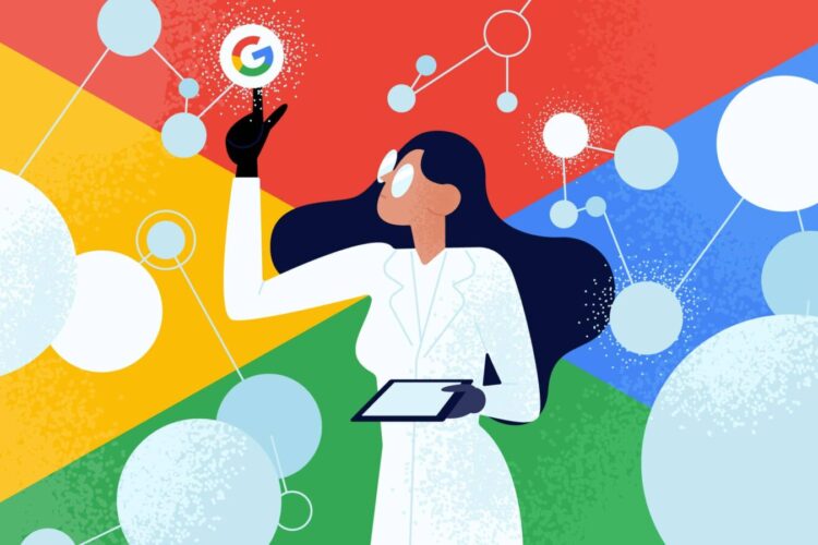 Illustration of a woman in a lab coat holding a tablet and reaching toward a floating Google logo, with abstract circles and colorful geometric background.