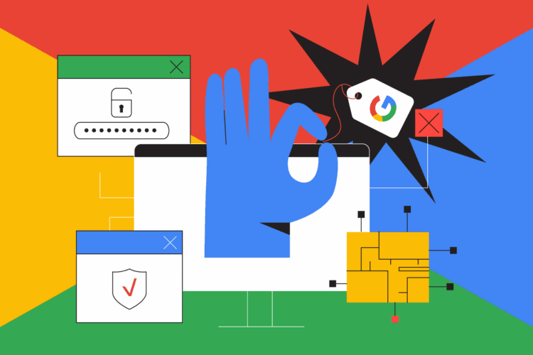 Illustration of a blue hand making an OK gesture surrounded by security icons, web windows, a price tag with Google logo, and abstract digital elements on a colorful background.