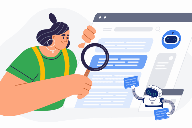 A person examines a large webpage with a magnifying glass while a small robot holds up information cards next to the screen.