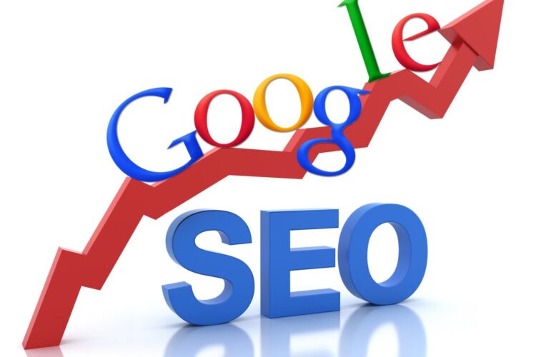 A red upward arrow passes through the Google logo above large blue letters spelling "SEO," symbolizing search engine optimization and growth.
