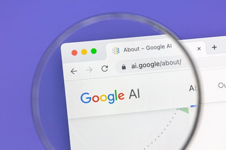 A magnifying glass highlights the Google AI webpage open in a browser tab, showing the URL "ai.google/about/" against a purple background.