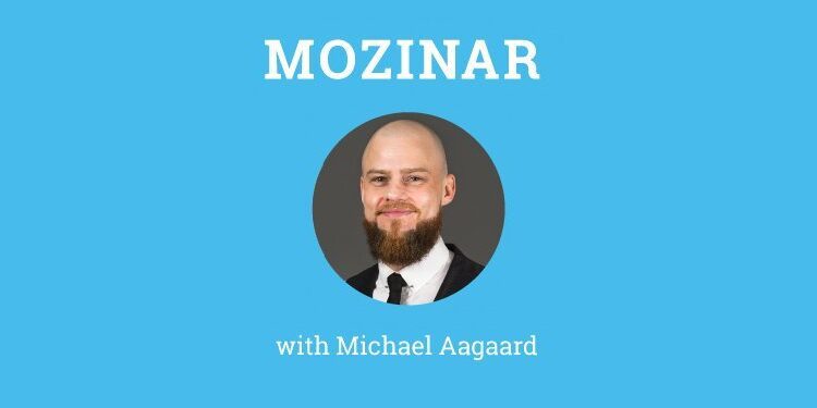 Blue Mozinar banner featuring a headshot of a man in a suit and tie, text "with Michael Aagaard," and a cartoon robot in the bottom left corner.