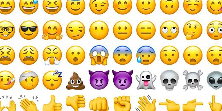 Rows of various emoji faces and expressions, including smiley faces, sad faces, animal faces, skulls, hand gestures, and other emotive symbols on a white background.
