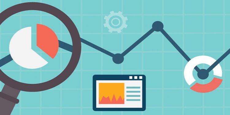 Illustration of charts, graphs, and a magnifying glass representing data analysis and business analytics on a blue background.