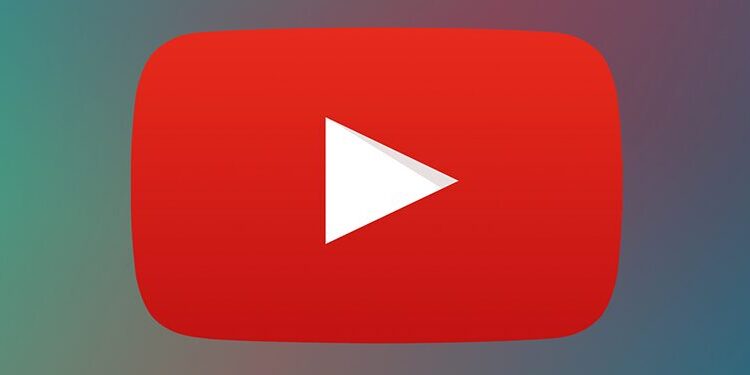 YouTube logo featuring a white play button inside a red rounded rectangle, set against a blue and teal gradient background.