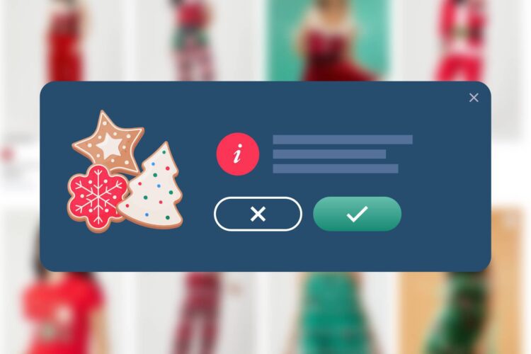 A pop-up window with illustrated Christmas cookies, information icon, text lines, and "X" and checkmark buttons; blurred images in the background.