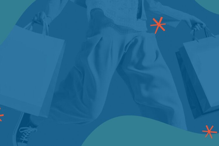 Person holding shopping bags in both hands, wearing loose pants and sneakers, with abstract blue background and orange asterisk accents.