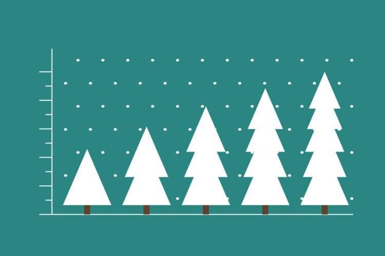 Illustration of a bar graph with increasing values represented by stylized white pine trees on a teal background.