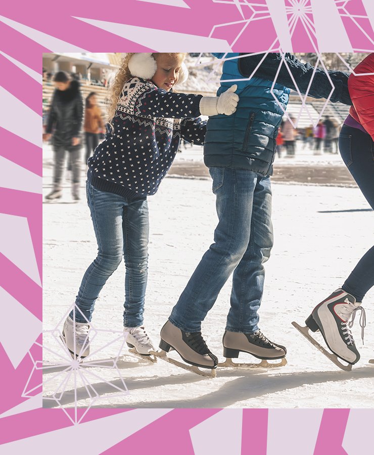 Children ice skating outdoors, wearing winter clothing and holding onto each other for balance, with people in the background. Pink geometric borders and snowflake designs frame the image.