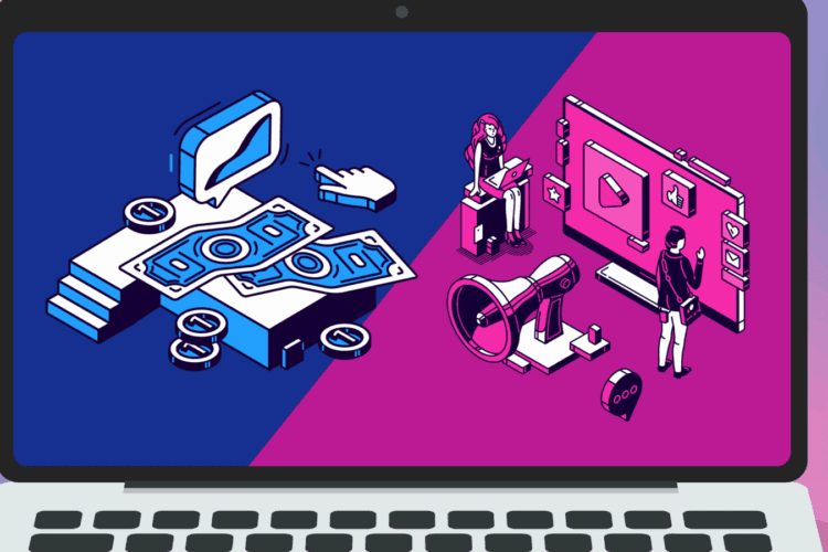 Illustration on a laptop screen showing digital money and chat icons on the left, and two people with digital content creation tools on the right, divided by blue and pink colors.