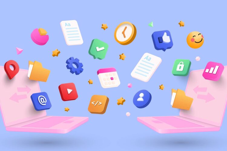 Two pink laptops face each other with various digital icons, files, and folders floating between them, symbolizing data sharing or file transfer.