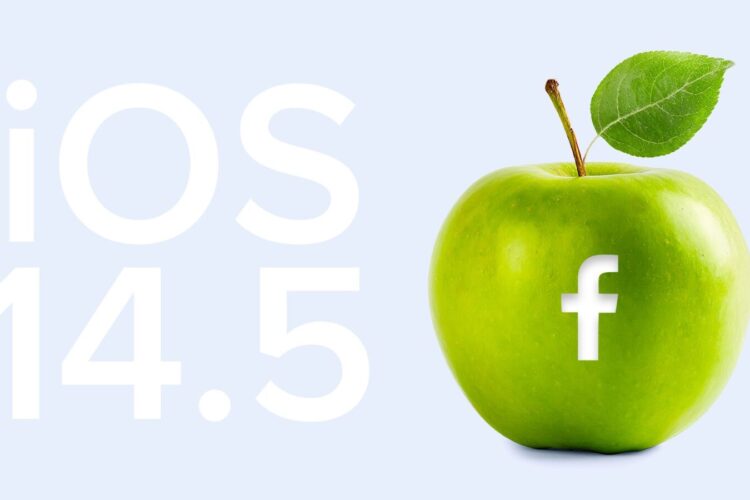 A green apple with the Facebook logo is next to large white text reading "iOS 14.5" on a light blue background.