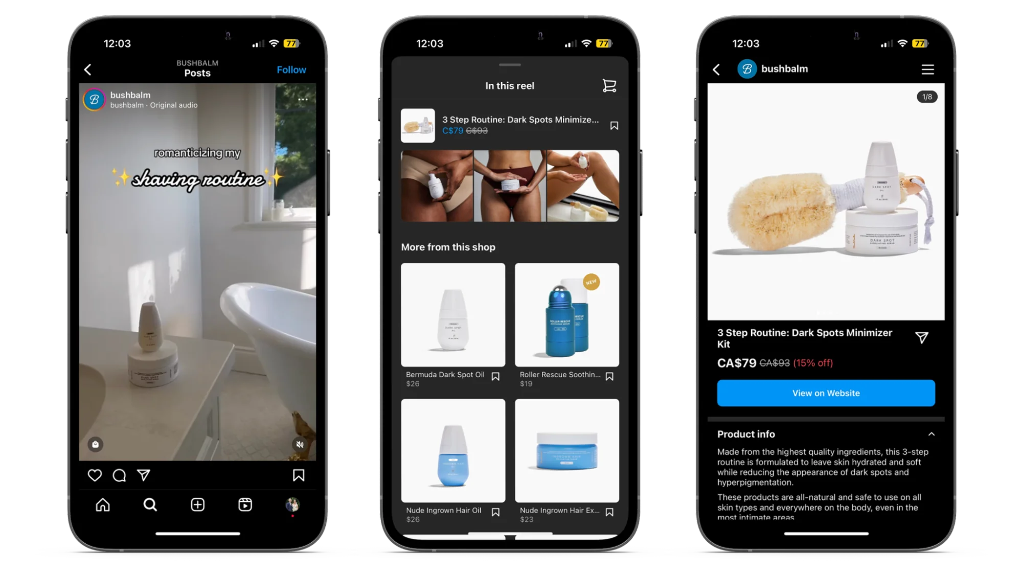 Screenshots of Instagram Reels linking to Instagram Shops