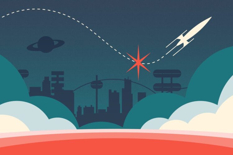 Stylized illustration of a rocket flying over a futuristic city skyline with clouds, a planet, and a red starburst in the sky.