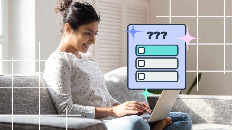 A woman sits on a couch using a laptop, with a graphic of a checklist and question marks superimposed next to her.