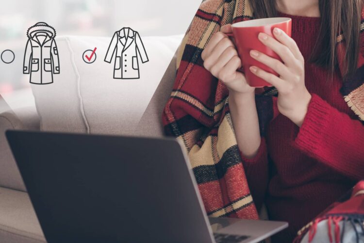 A woman sits on a couch with a blanket, holding a red mug near a laptop; coat choice graphics are overlaid on the image.