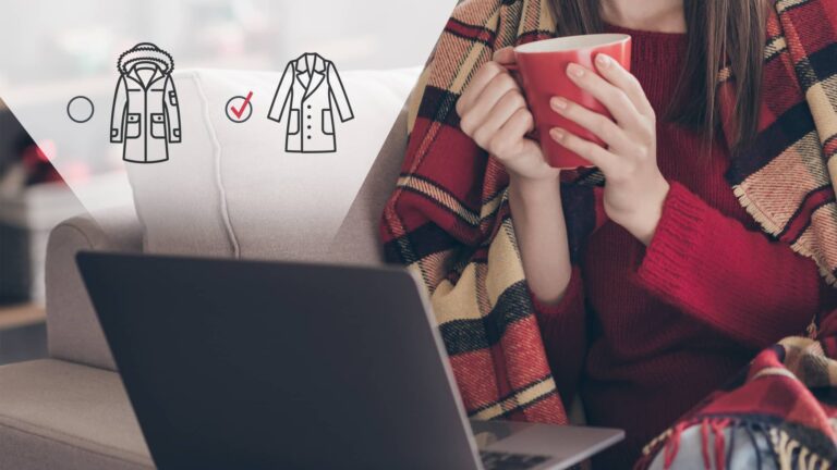 A woman sits on a couch with a blanket, holding a red mug near a laptop; coat choice graphics are overlaid on the image.