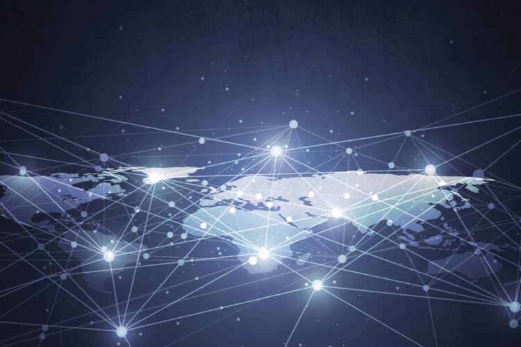 A stylized world map with interconnected glowing nodes and lines, representing global communication or a digital network.