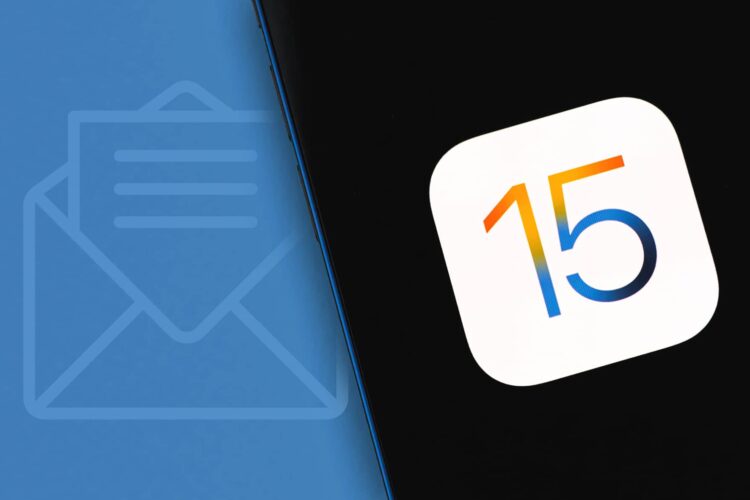 A smartphone displays the iOS 15 logo on screen, with a blue background featuring a faint envelope icon and horizontal lines.