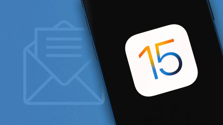 A smartphone displays the iOS 15 logo on screen, with a blue background featuring a faint envelope icon and horizontal lines.