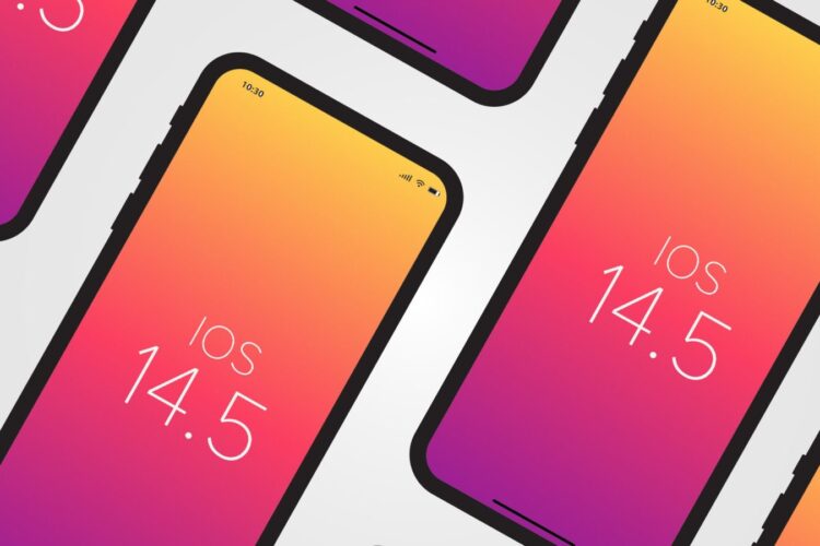 Multiple smartphones display the "iOS 14.5" screen with a gradient orange and pink background on a light surface.