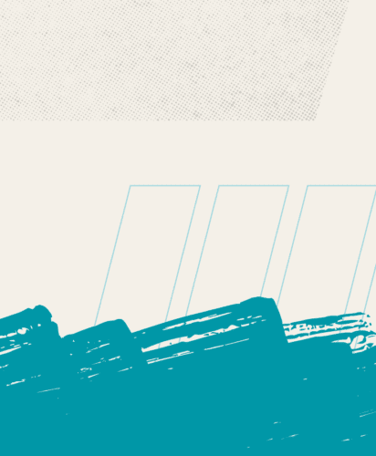 Abstract image with a cream background, light blue diagonal outlined rectangles, a dotted pattern in the top left, and bold teal paint strokes at the bottom.