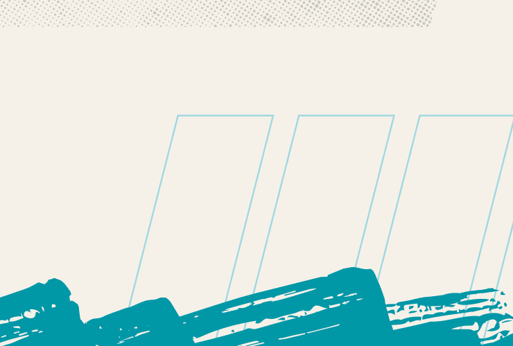 Abstract image with a cream background, light blue diagonal outlined rectangles, a dotted pattern in the top left, and bold teal paint strokes at the bottom.