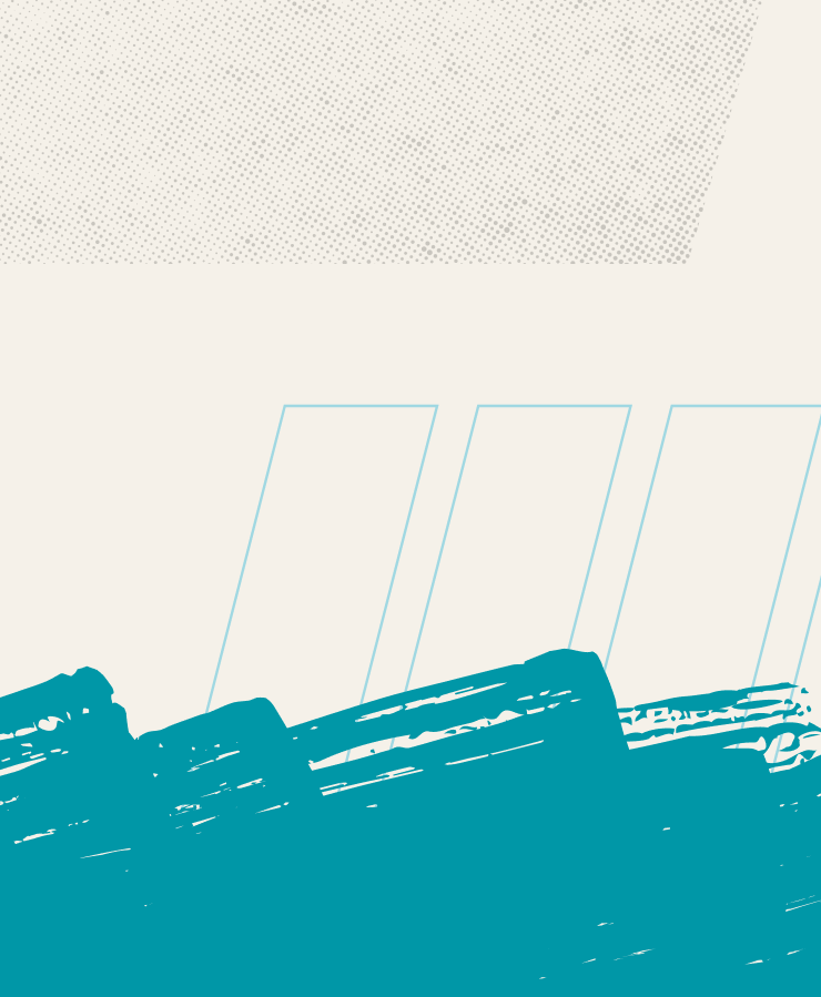 Abstract image with a cream background, light blue diagonal outlined rectangles, a dotted pattern in the top left, and bold teal paint strokes at the bottom.