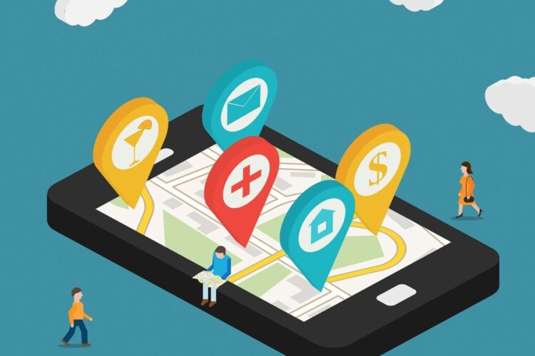 Illustration of a large smartphone displaying a map with various location pins, each representing different services, and three people walking around it.