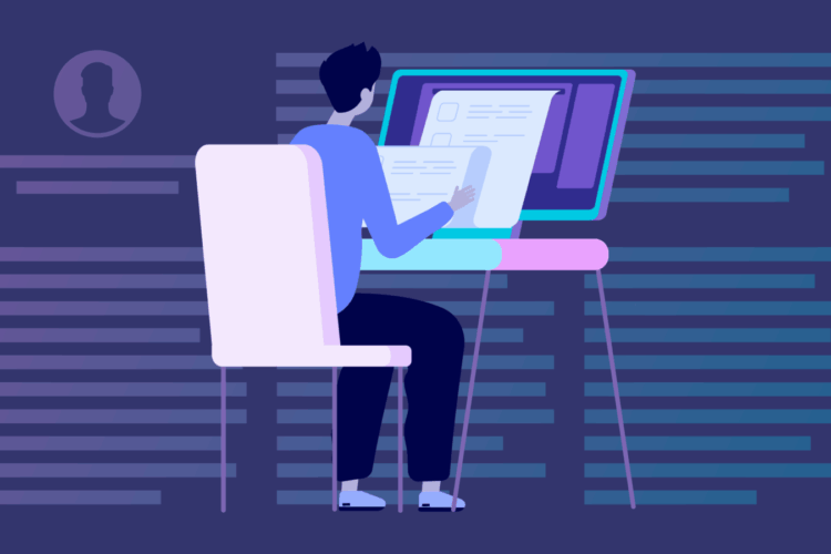 Illustration of a person sitting at a desk, working on a computer and holding a document, with a profile icon and lines suggesting text in the background.