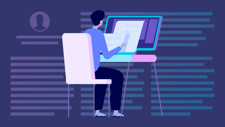 Illustration of a person sitting at a desk, working on a computer and holding a document, with a profile icon and lines suggesting text in the background.