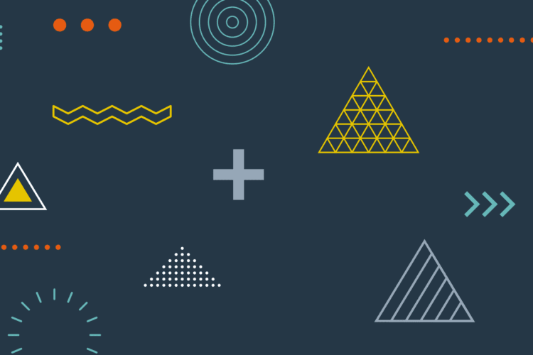 A dark blue background features various geometric shapes, including triangles, circles, lines, plus signs, and dots in different colors and styles.