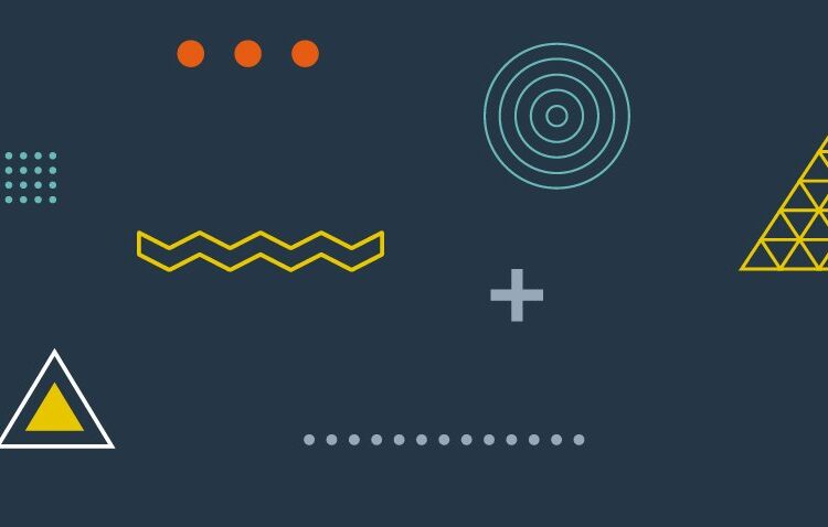 Abstract geometric shapes including circles, triangles, dots, and zigzag lines in various colors on a dark blue background.