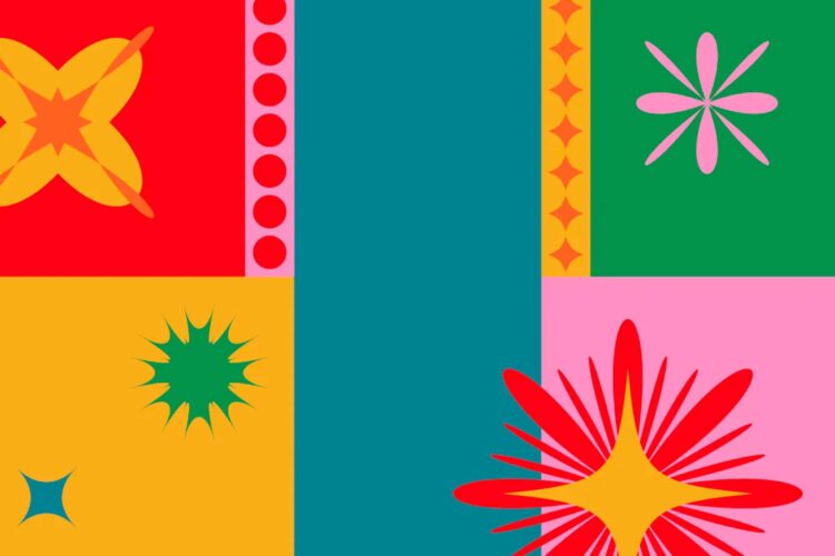 A colorful geometric pattern divided into rectangles and squares, each with different abstract floral and starburst shapes in red, yellow, green, teal, and pink.