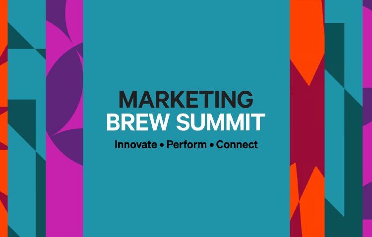 Graphic for "Marketing Brew Summit" with the tagline "Innovate • Perform • Connect" over a teal background and abstract colorful geometric shapes on the sides.