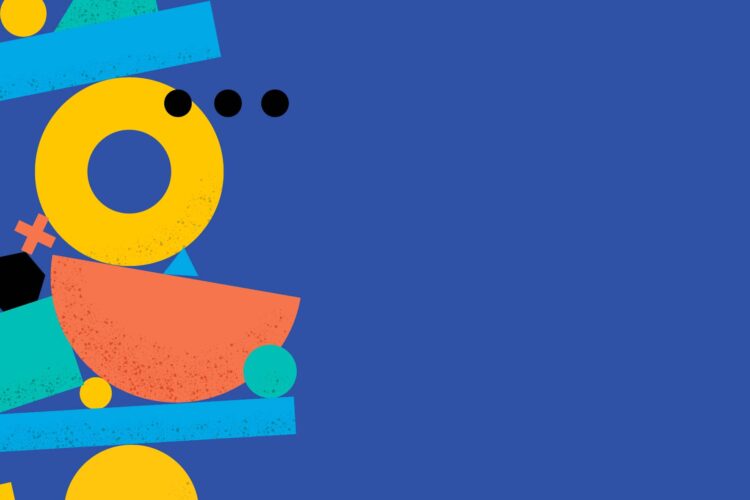 Abstract geometric shapes in yellow, orange, teal, and black are stacked vertically on a blue background, with three black dots near the top left.