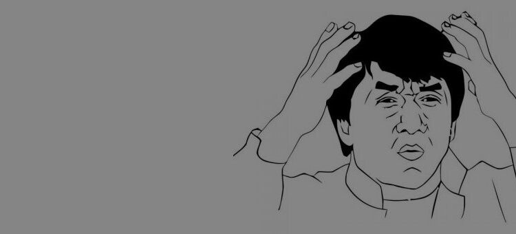 Black and white line drawing of a person with hands on their head and a confused, frustrated facial expression on a gray background.