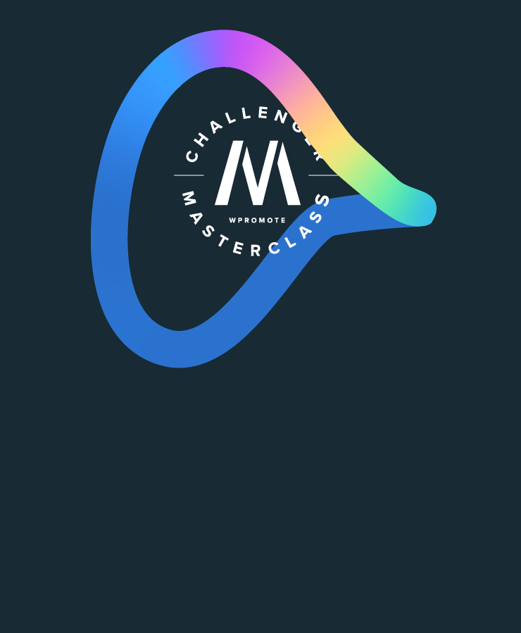 A stylized logo with "Challenge Masterclass" text encircling a white "W" and "Wpromote," overlaid by a looping gradient shape on a dark background.