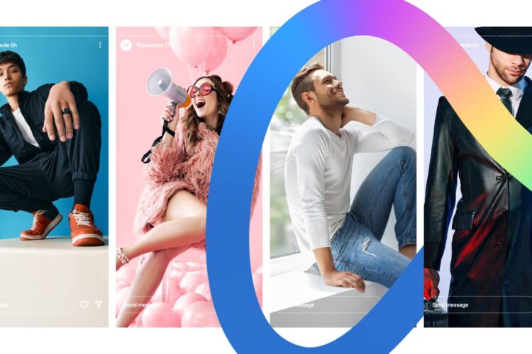 Four people pose individually in stylized settings, with a colorful gradient loop overlaid on the image. Each person displays distinct fashion and expressions.