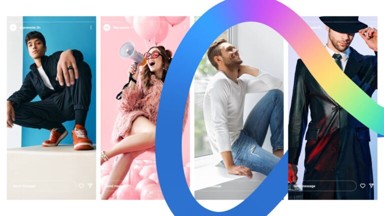 Four people pose individually in stylized settings, with a colorful gradient loop overlaid on the image. Each person displays distinct fashion and expressions.