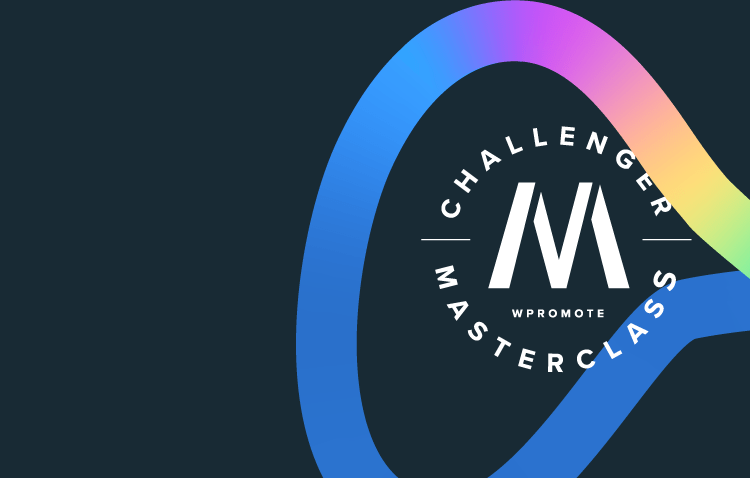 Circular logo with "Challenger Masterclass" and "Wpromote" text, overlapping a curved gradient line on a dark background.