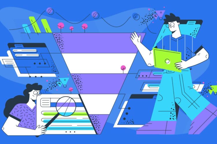 Illustration of two people analyzing data around a large sales funnel graphic, with digital interface elements and a bright blue background.