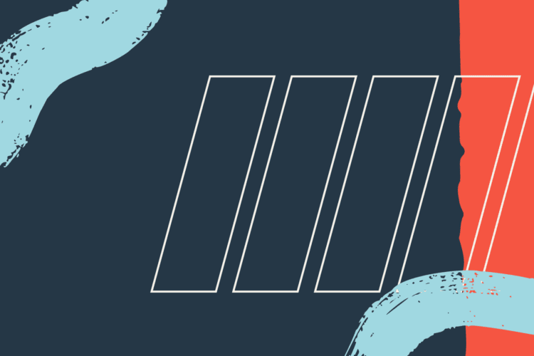 Abstract design with a dark blue background, a vertical red-orange stripe on the right, light blue paint-like streaks, and five white parallelograms in the center.