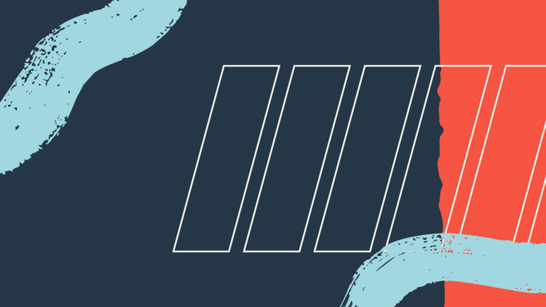 Abstract design with a dark blue background, a vertical red-orange stripe on the right, light blue paint-like streaks, and five white parallelograms in the center.