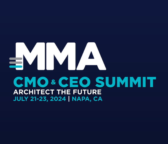 Logo for MMA CMO & CEO Summit with the tagline "Architect the Future," set for July 21-23, 2024, in Napa, CA, on a dark blue background.