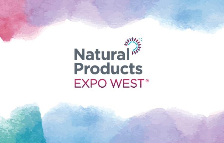 Natural Products Expo West logo centered on a white background with watercolor accents in pink, purple, and blue around the edges.