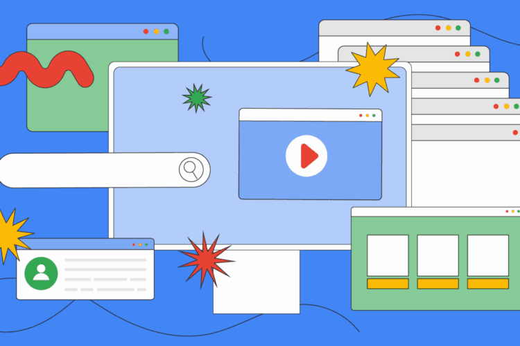 Illustration of a computer monitor surrounded by browser windows, search bar, video player, user profile, and colorful starburst shapes on a blue background.