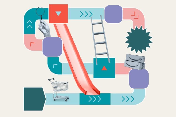 A board game path with arrows, a red slide, a ladder, a shopping cart, a clenched fist with a magnifying glass, and an Amazon box on a beige background.