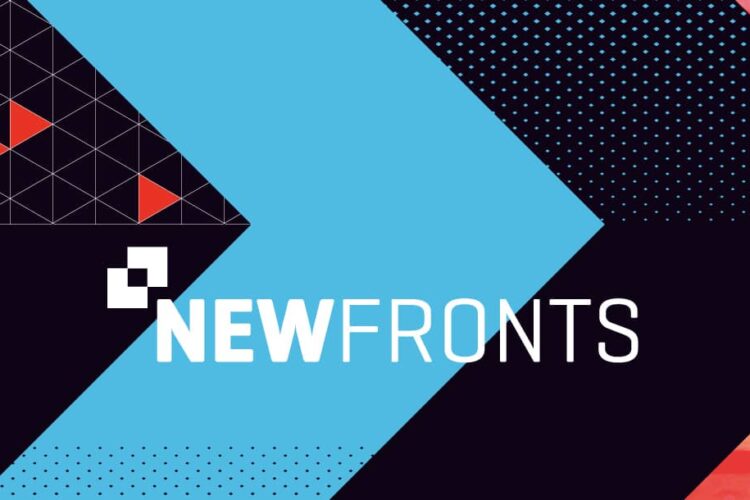 Graphic design featuring the word "NEWFRONTS" in bold white text over blue and black chevron shapes with geometric and dotted patterns.