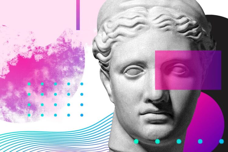 A classical marble statue head overlaid with pink geometric shapes and blue lines, set against an abstract background with clouds and dots.